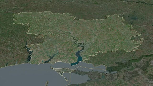 Mykolayiv, region with its capital, zoomed and extruded on the satellite map of Ukraine in the conformal Stereographic projection. Animation 3D