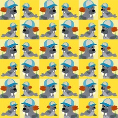 Seals Wear Hat and Carry Roses Cute Illustration, Cartoon Funny Character, Pattern Wallpaper 