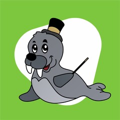 Illustration of Seals Carry Wands and Wear Hat Cartoon, Cute Funny Character, Flat Design