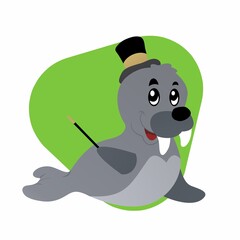 Illustration of Seals Carry Wands and Wear Hat Cartoon, Cute Funny Character, Flat Design