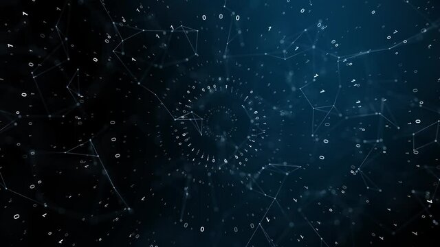 Artistic binary numbers network with circle rotation of zeros and ones. Conceptual computer technology animation background. 