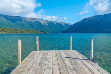 Wooden pier at lake Rotoiti in New Zealand