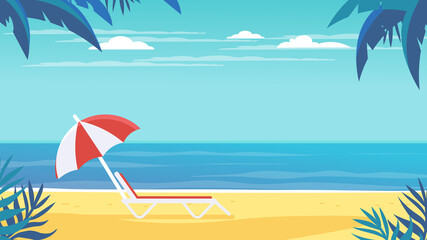 Fototapeta na wymiar Tropical landscape. Palm trees and tropical plants. Seascape. Beach chair with umbrella on the beach.
