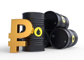 Barrel of oil and golden ruble sign on a white background. Oil prices inflation. 3D rendering illustration