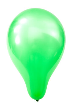 Surprise birthday party decorations concept with single oxygen filled vibrant green shiny balloon isolated on white background with clipping path cutout