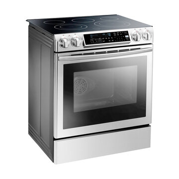 Gas Range Cooker With Warming Drawer Isolated On White. Steam Fuel Range With Convection Oven. Stainless Steel Gas Stove. Five Burner Gas Hob. Electric Kitchen Appliance