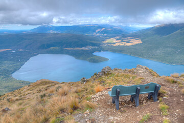 Bench overlooking lake Rotoiti in New Zealand