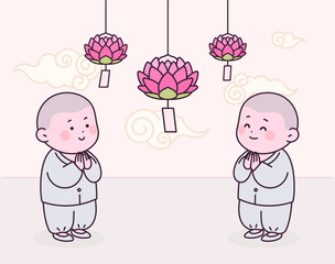 연등을 바라보는 동자스님들.
