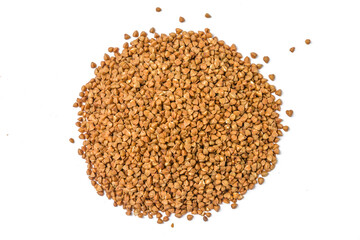 Pile of buckwheat isolated on white background. Top view. Buckwheat. Stockpiling. Buckwheat grains. Grain culture. Гречка. Pandemic