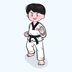 태권도를 하는 귀여운 캐릭터 일러스트.