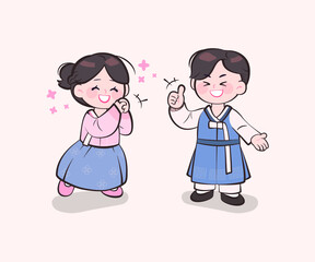 한국 전통의상 한복을 입은 남녀 캐릭터.