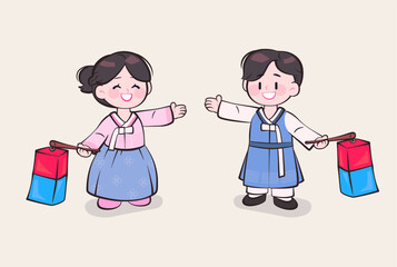 한국 전통의상 한복을 입은 남녀 캐릭터.