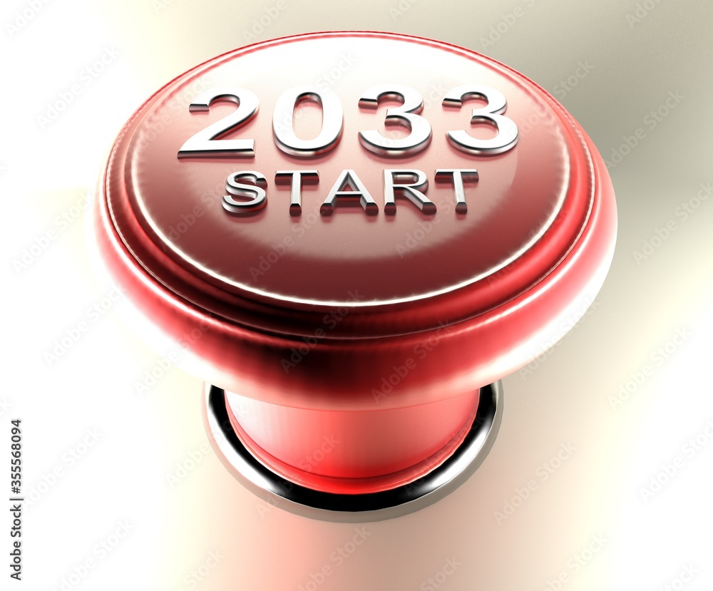 Poster 2033 start on red emergency push button - 3d rendering illustration