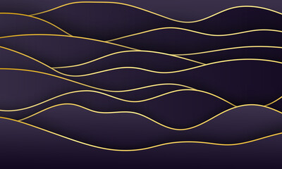 Vector luxury paper cut wavy background. 3d abstract decoration, golden pattern, halftone gradients. Black waves cover template, modern minimal banner, geometric shapes.
