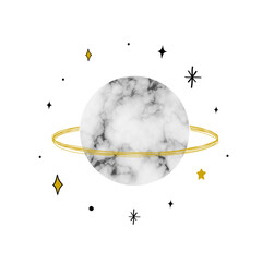 Fototapeta na wymiar Vector illustration with Saturn with marble texture. Trendy Cosmic minimalistic landscape scene with stone textured planet and stars. Pastel grunge