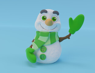 Snowman with green scarf and green gloves blue background (3d render, digital illustration, isolated)