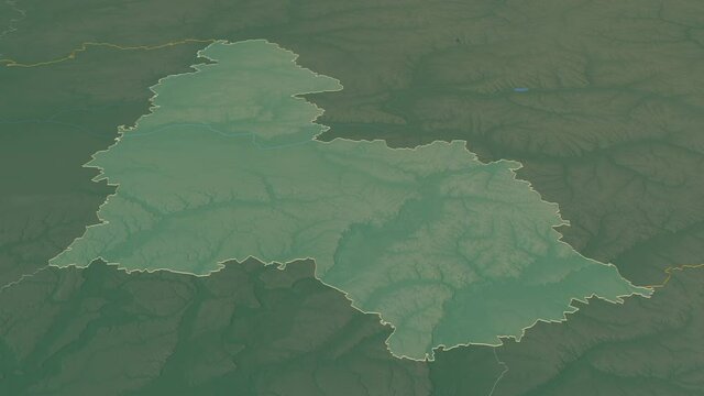 Sumy, region with its capital, zoomed and extruded on the relief map of Ukraine in the conformal Stereographic projection. Animation 3D