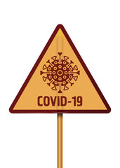 Warning triangle sign with a schematic illustration of novel coronavirus Covid-19. Wuhan coronavirus threat concept design. Vector illustration