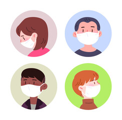 코로나 바이러스를 예방하기 위해 마스크를 쓴 여러 인종의 사람들.