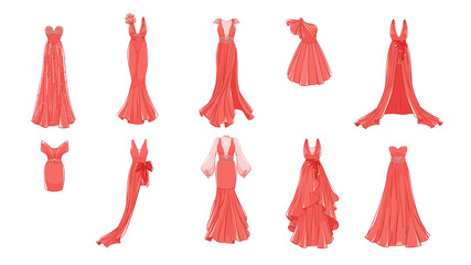Dresses for prom, gala evening, wedding, masquerade, points. Set of different dresses. Modern and classic style.