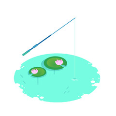 Isometric vector vacation on the lake. Water lilies in the pond, lotus blossoms, tackle fishing rods loaded into the water. Fishing on the lake.