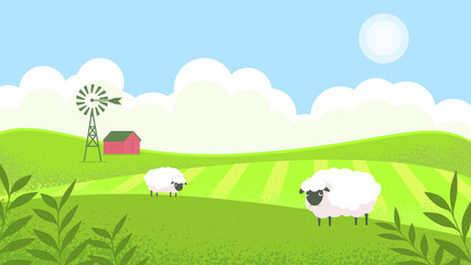 Landscape sunny meadow, green hills, agricultural pastures. Good ecology. Rustic expanses. Environmental protection, green energy, windmill in the field. Sheep graze in the meadow.