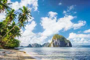 Leaning palm trees of Las Cabanas beach in El Nido, Palawan island, Philippines
