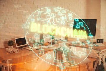 Double exposure of crypto technology theme drawing and office interior background. Concept of...