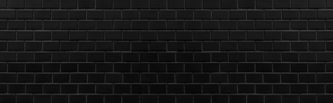 Panorama Of Black Stone Brick Texture And Background.