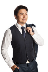 An intelligent and handsome Asian entrepreneur wearing a
black vest, tie and white collared long sleeves who is thinking about a new plan for his business.
