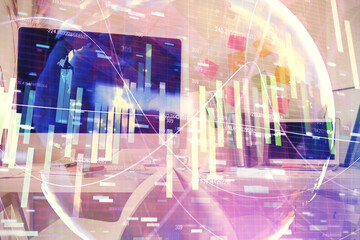 Double exposure of business theme drawing and office interior background. Concept of success
