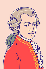 Wolfgang Amadeus Mozart (1756 – 1791),  Vector illustration. He was influential composer of the classical music era. - obrazy, fototapety, plakaty
