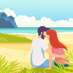 Obraz na płótnie Canvas Tropical sand background. Beach overlooking the ocean. Ocean, sea. Couple on seashore. Happy family. Love kiss.