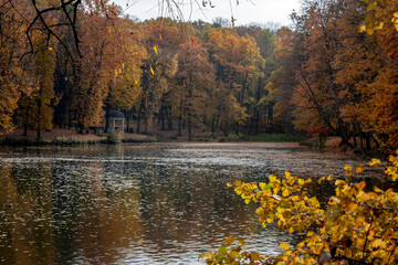 Golden autumn in the city park. Falling leaves on the surface of the lake in the fall in the park. Rotunda on the shore. City park in the fall in central Russia. 