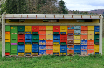 Old painted rustic beehives in field with fading colours.  in Rural Slovenia