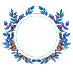 Geometric frame with ripe blueberries in blue tones on a white isolated background. Watercolor illustration