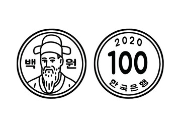 Korean 100 Won Coin. Front and back. Vector line art illustrations set. The letters written on the coins mean 100 won and the Bank of Korea.