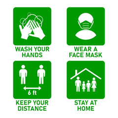 Set of Measure or Instruction Icons against the Spread of Coronavirus Covid-19, including Wash Your Hands, Wear a Face Mask, Keep Your Distance 6 Feet and Stay at Home. Vector Image.