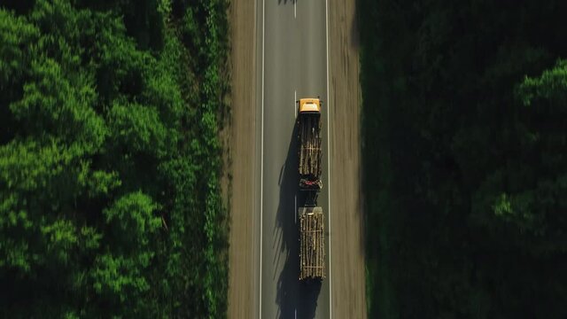 Double length log semi truck driving on straight highway / Freight truck haul timber across asphalt road. Aerial drone top down follow mid shot at summer sunset