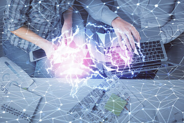 Double exposure of man and woman working together and human brain hologram drawing. Brainstorm concept. Computer background. Top View.