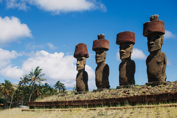 Chili. Easter island. Anakena beach- 12.02.2020: Statues of Moia