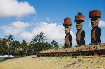 Chili. Easter island. Anakena beach- 12.02.2020: Statues of Moia
