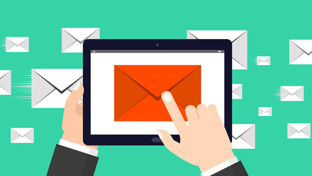 Incoming mail. A man opens an unread letter on a tablet. Vector graphics.