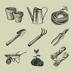 Hand-drawn sketch set of Gardening tools and equipment. Pruning Shears, Watering can, hose; Digging Shovel; Digging Fork; Wheelbarrows; plant with leaves growing in the ground
- 355576620