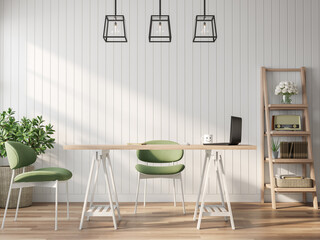 Vintage style working room 3d render.There are a white plank wall,wooden floor,Decorate room with wood table and green fabric chair with sunlight shining into the room