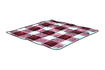 Watercolor colorful Hand-drawn sketch of a Checkered Picnic Blanket for picnic on a white background. Plaid Outdoor Picnic Blanket for picnic on a white background.	
