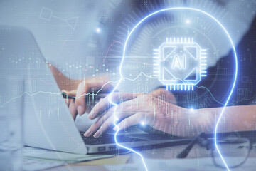 Multi exposure of woman hands working on computer and brain hologram drawing. Ai concept.