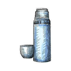 Watercolor colorful Hand-drawn sketch of a thermos and lid used as a cup. Thermos on a white backgrounds. Thermos set for a picnic.	