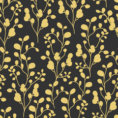 Abstract branch with leaves seamless pattern. Limitless black background with gold floral flat cartoon element, nature sign. Repeat ornament for paper wrap, fabric, wallpaper print Vector illustration