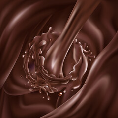 Stream of liquid chocolate pours into dark chocolate waves
